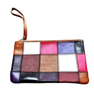 Kooba zipper top leather patchwork wristlet pouch cosmetics bag tan multi-color